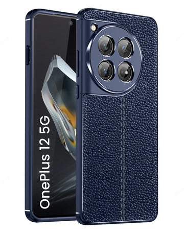 Vegan Leather Rugged Flexible TPU Series Shockproof Armor Back Cover for OnePlus 12 5G, 6.82 inch, Blue